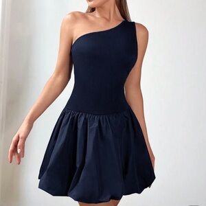 Elegant One-Shoulder Navy Dress